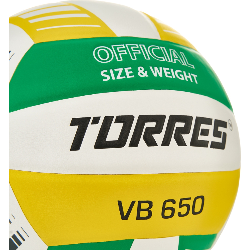 Мяч вол. TORRES VB 650, V32425, р.5, синт.кожа полиуретан, клееный, бут.кам, бел-зелено-желт