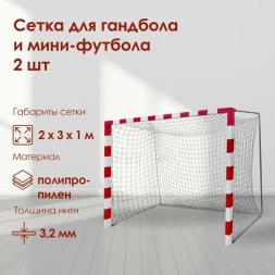 Сетка для гандбола/мини-футбола 2 х 3 х 1 м, нить 2,2 мм, ячейки 100 х 100 мм, цвет белый/синий, набор 2 сетки