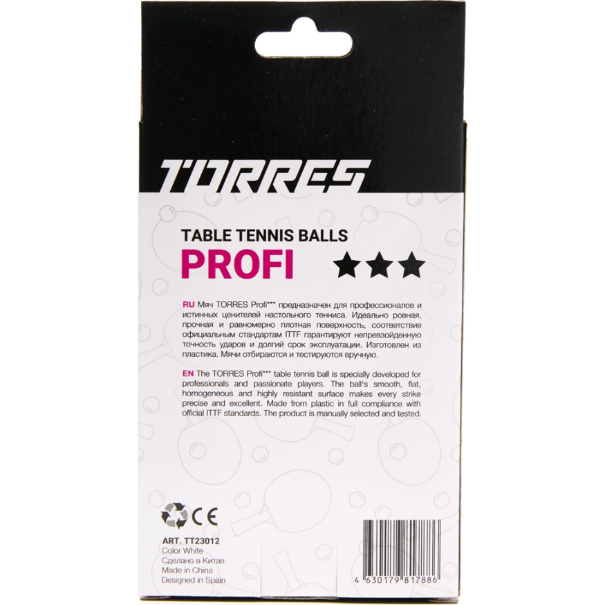 Мяч для наст. тенниса TORRES Profi 3*, TT23012, диам. 40+мм, упак. 6 шт, белый