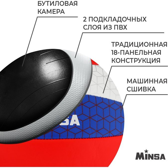 Мяч волейбольный MINSA «РОССИЯ», ПВХ, машинная сшивка, 18 панелей, р. 5